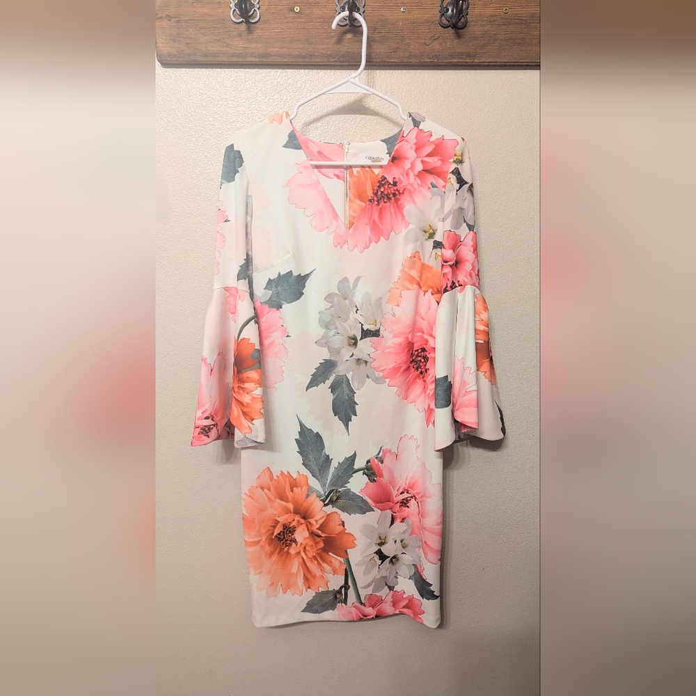 Calvin Klein Pink and Orange Sheath Dress with Bell Sleeves